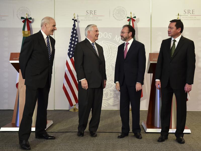 Homeland Security chief John Kelly (from left), Secretary of State Rex Tillerson, Mexican Foreign Minister Luis Videgaray and Mexican Interior Minister Miguel Angel Osorio Chong spoke with reporters after initial meetings in Mexico City Thursday. Homeland Security chief John Kelly (from left), Secretary of State Rex Tillerson, Mexican Foreign Minister Luis Videgaray and Mexican Interior Minister Miguel Angel Osorio Chong spoke with reporters after initial meetings in Mexico City Thursday.