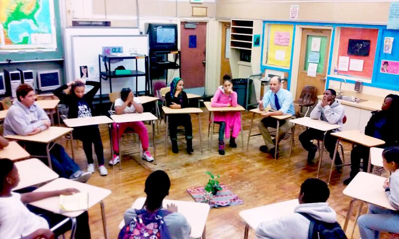 A restorative justice circle at Edna Brewer Middle School in Oakland, Calif. A restorative justice circle at Edna Brewer Middle School in Oakland, Calif.