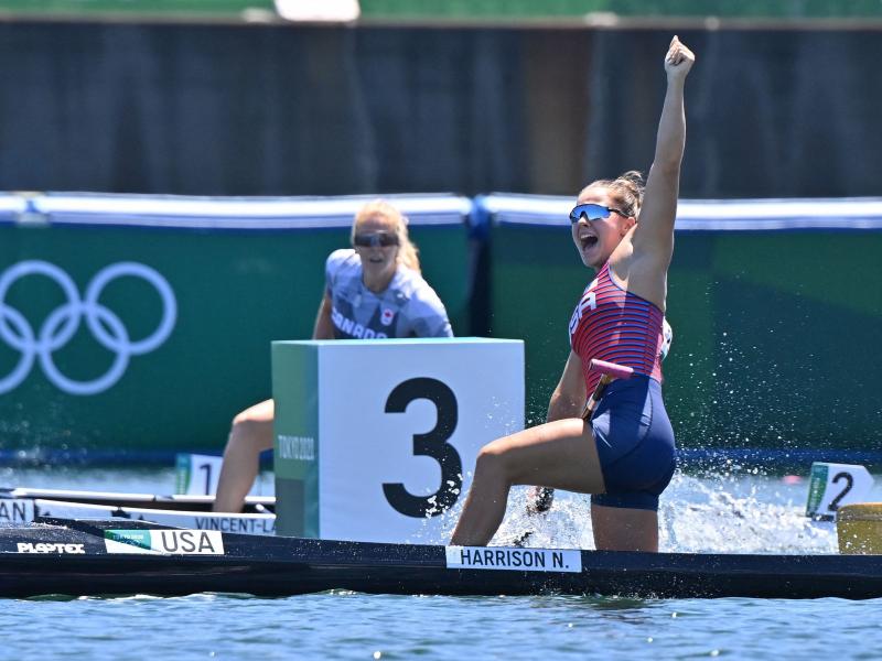 Nevin Harrison of the U.S. celebrates after winning gold in the women's canoe single 200-meter final during the Olympic Games at Sea Forest Waterway in Tokyo on Thursday. Nevin Harrison of the U.S. celebrates after winning gold in the women's canoe single 200-meter final during the Olympic Games at Sea Forest Waterway in Tokyo on Thursday.