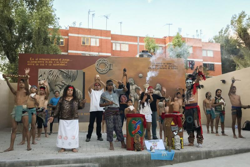 At the end of practice at the Xochikalli cultural center in Mexico City, ulama ballgame players perform a brief dedication to Aztec gods. At the end of practice at the Xochikalli cultural center in Mexico City, ulama ballgame players perform a brief dedication to Aztec gods.