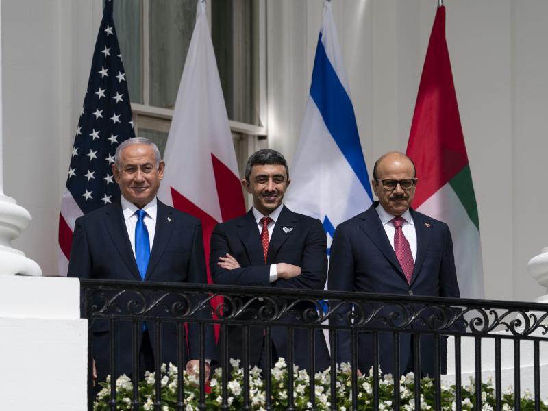 Israeli Prime Minister Benjamin Netanyahu (left), United Arab Emirates Foreign Minister Abdullah bin Zayed al-Nahyan (center) and Bahrain Foreign Minister Khalid bin Ahmed Al Khalifa during the Abraham Accords signing ceremony in September. Israeli Prime Minister Benjamin Netanyahu (left), United Arab Emirates Foreign Minister Abdullah bin Zayed al-Nahyan (center) and Bahrain Foreign Minister Khalid bin Ahmed Al Khalifa during the Abraham Accords signing ceremony in September.