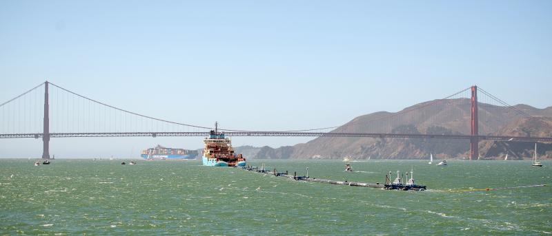 Ocean Cleanup's System 001 was towed out of the San Francisco Bay on Sept. 8, 2018. Ocean Cleanup's System 001 was towed out of the San Francisco Bay on Sept. 8, 2018.