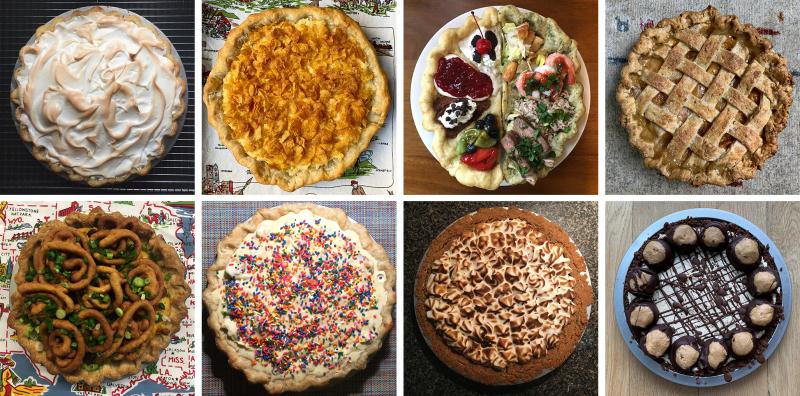 Stacey Mei Yan Fong has been baking her way across the United States: Clockwise from upper left, a baked Alaska pie, Utah's funeral potato pie, Nevada's all you can eat buffet pie, South Carolina's peach pie, Ohio's buckeye pie, Iowa's s'mores pie, Missou Stacey Mei Yan Fong has been baking her way across the United States: Clockwise from upper left, a baked Alaska pie, Utah's funeral potato pie, Nevada's all you can eat buffet pie, South Carolina's peach pie, Ohio's buckeye pie, Iowa's s'mores pie, Missou