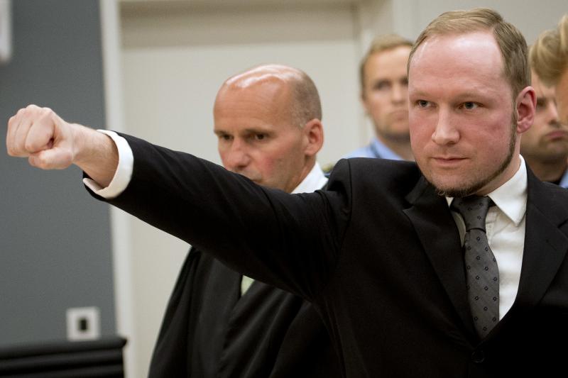 Anders Breivik raises his fist in a right-wing salute after being sentenced to 21 years in prison at the Oslo District Court on Aug. 24, 2012. Anders Breivik raises his fist in a right-wing salute after being sentenced to 21 years in prison at the Oslo District Court on Aug. 24, 2012.