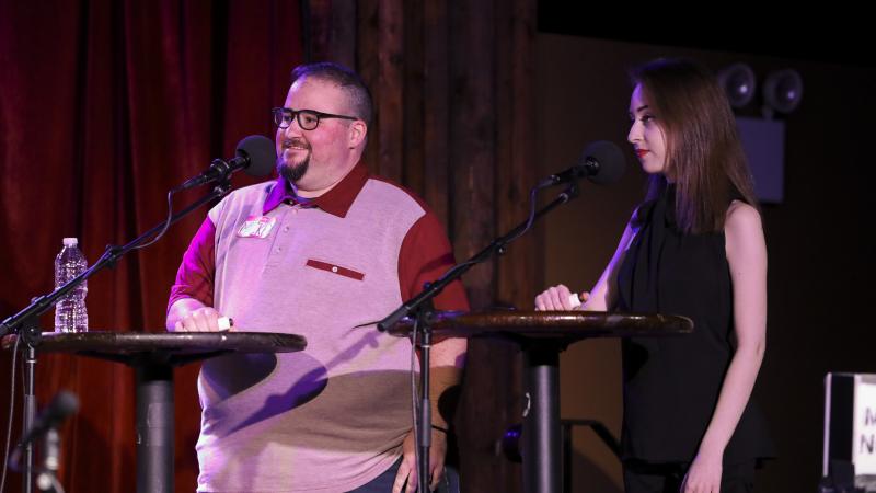 Contestants Mickey Lambert and Damian Benskin appear on Ask Me Another at the Bell House in Brooklyn, New York. Contestants Mickey Lambert and Damian Benskin appear on Ask Me Another at the Bell House in Brooklyn, New York.
