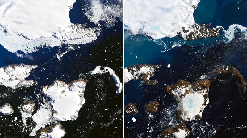 Satellite images show the effects of a prolonged warm spell on Eagle Island, in the far north of the Antarctic Peninsula, NASA says. An inch of snowpack melted in just one day, the agency says. The blue areas in snow on the right are ponds of melted water Satellite images show the effects of a prolonged warm spell on Eagle Island, in the far north of the Antarctic Peninsula, NASA says. An inch of snowpack melted in just one day, the agency says. The blue areas in snow on the right are ponds of melted water