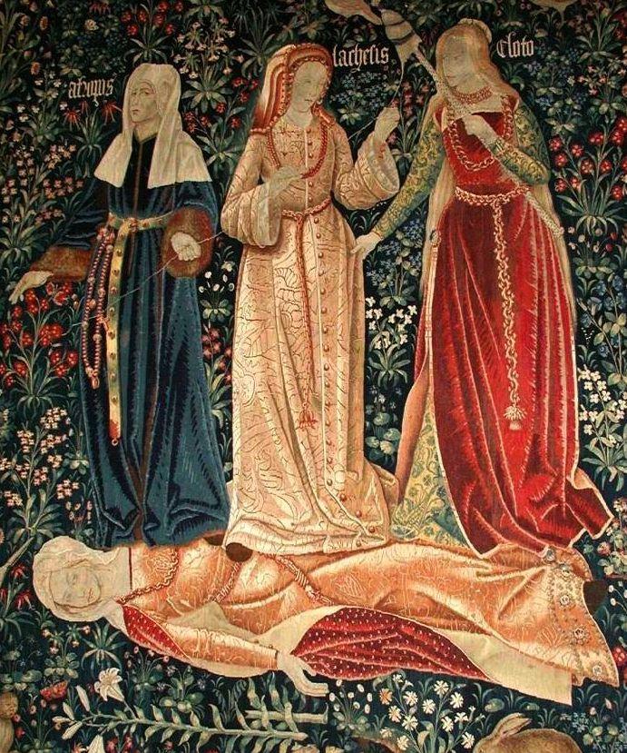 Klotho (right) is one of the three Greek Fates depicted in this Flemish tapestry at the Victoria and Albert Museum in London. Klotho (right) is one of the three Greek Fates depicted in this Flemish tapestry at the Victoria and Albert Museum in London.