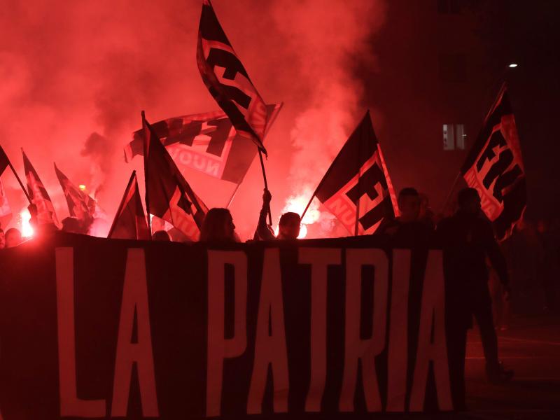 Italian far-right party activists hold a banner reading "fatherland" during a demonstration against a government proposal to reform citizenship procedures for the descendants of immigrants living in Italy, in Rome, Nov. 4, 2017. Italian far-right party activists hold a banner reading "fatherland" during a demonstration against a government proposal to reform citizenship procedures for the descendants of immigrants living in Italy, in Rome, Nov. 4, 2017.
