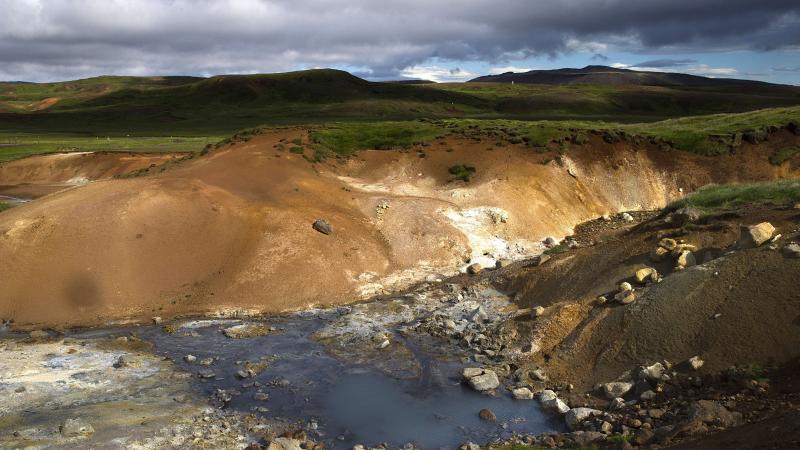 View of Seltun geothermal field in Krysuvik on the Reykjanes peninsula in southwestern Iceland on July 5, 2014. View of Seltun geothermal field in Krysuvik on the Reykjanes peninsula in southwestern Iceland on July 5, 2014.