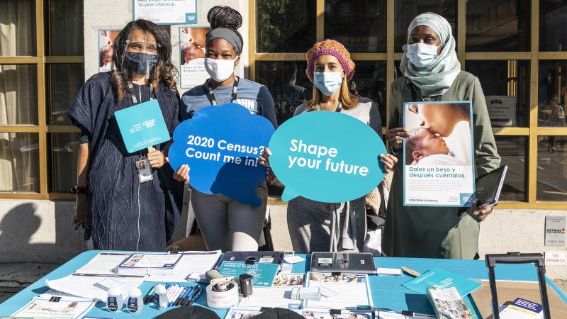 U.S. Census Bureau workers promote the national head count outside of Sylvia's Restaurant in New York City's Harlem neighborhood. U.S. Census Bureau workers promote the national head count outside of Sylvia's Restaurant in New York City's Harlem neighborhood.