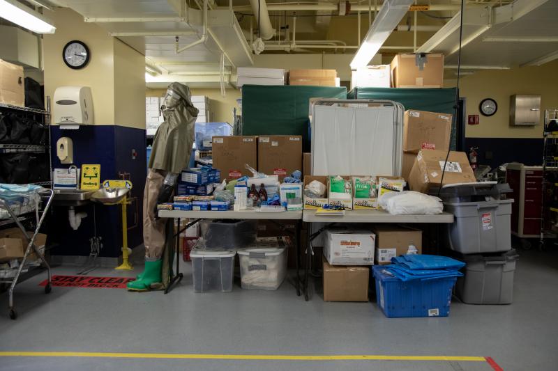 MedStar Washington Hospital Center's "ready room" in Washington, D.C., has mostly been used to house emergency supplies — but some storage carts have been moved out to make way for patient assessment stations. MedStar Washington Hospital Center's "ready room" in Washington, D.C., has mostly been used to house emergency supplies — but some storage carts have been moved out to make way for patient assessment stations.