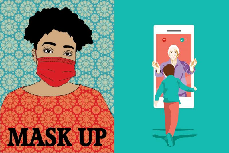Right: "Mask Up," a submission to Amplifier, an arts group. Left: "Grandmother's Affection — For Global Health," a submission to the United Nations. Right: "Mask Up," a submission to Amplifier, an arts group. Left: "Grandmother's Affection — For Global Health," a submission to the United Nations.