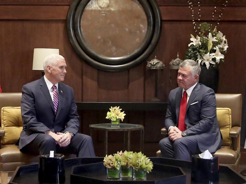 U.S. Vice President Mike Pence, (Left), meets with King Abdullah II at the Husseiniya Palace in Amman, Jordan on Sunday. U.S. Vice President Mike Pence, (Left), meets with King Abdullah II at the Husseiniya Palace in Amman, Jordan on Sunday.