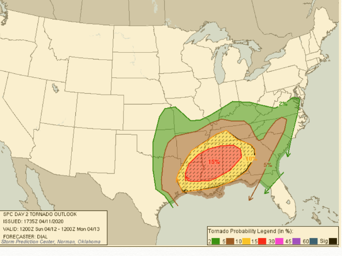 A screen grab from the NOAA web site shows where tornadoes could hit on Sunday. Most Shelters in Alabama and Mississippi will remain open despite concerns over the coronavirus. A screen grab from the NOAA web site shows where tornadoes could hit on Sunday. Most Shelters in Alabama and Mississippi will remain open despite concerns over the coronavirus.