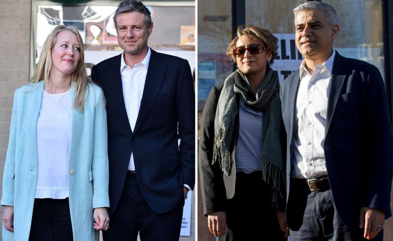 Conservative mayoral candidate Zac Goldsmith and his wife, Alice (left); Britain's Labour Party candidate Sadiq Khan and his wife, Saadiya. The candidates cast their votes on Thursday in hopes of becoming London's next mayor. Conservative mayoral candidate Zac Goldsmith and his wife, Alice (left); Britain's Labour Party candidate Sadiq Khan and his wife, Saadiya. The candidates cast their votes on Thursday in hopes of becoming London's next mayor.