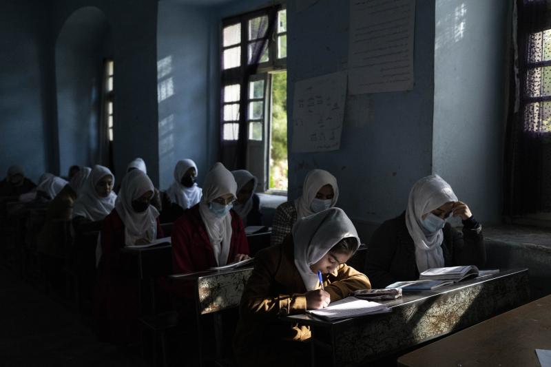 Afghan girls participate in a lesson at a high School, in Herat, on Nov. 25, 2021. Afghan girls participate in a lesson at a high School, in Herat, on Nov. 25, 2021.