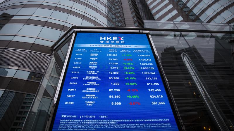 Stock figures of the top 10 active securities are displayed outside the Exchange Square complex, which houses the Hong Kong Stock Exchange, in Hong Kong on Monday. Asian markets closed mostly higher ahead of U.S. China talks. Stock figures of the top 10 active securities are displayed outside the Exchange Square complex, which houses the Hong Kong Stock Exchange, in Hong Kong on Monday. Asian markets closed mostly higher ahead of U.S. China talks.