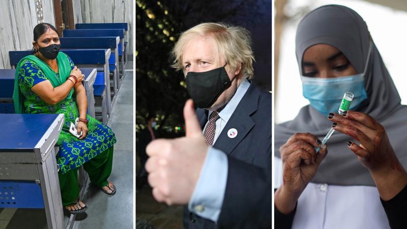 From left: A New Delhi woman waits in an observation room after getting the Covishield vaccine (the name used for the AstraZeneca vaccine in India) on May 26. U.K. Prime Minister Boris Johnson leaves a vaccination center after his first AstraZeneca dose o From left: A New Delhi woman waits in an observation room after getting the Covishield vaccine (the name used for the AstraZeneca vaccine in India) on May 26. U.K. Prime Minister Boris Johnson leaves a vaccination center after his first AstraZeneca dose o