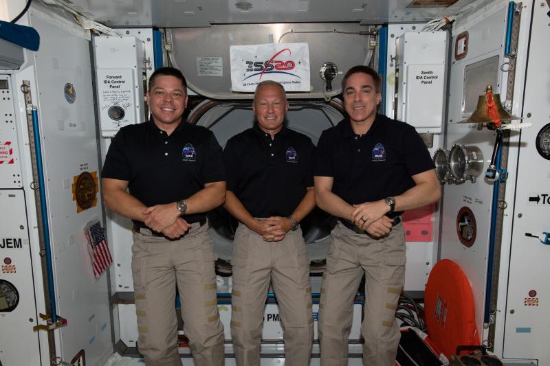 NASA astronauts (from left) Bob Behnken, Doug Hurley and Chris Cassidy are the U.S. members of the Expedition 63 crew aboard the International Space Station. Behnken and Hurley are scheduled to return to Earth on Aug. 2. NASA astronauts (from left) Bob Behnken, Doug Hurley and Chris Cassidy are the U.S. members of the Expedition 63 crew aboard the International Space Station. Behnken and Hurley are scheduled to return to Earth on Aug. 2.