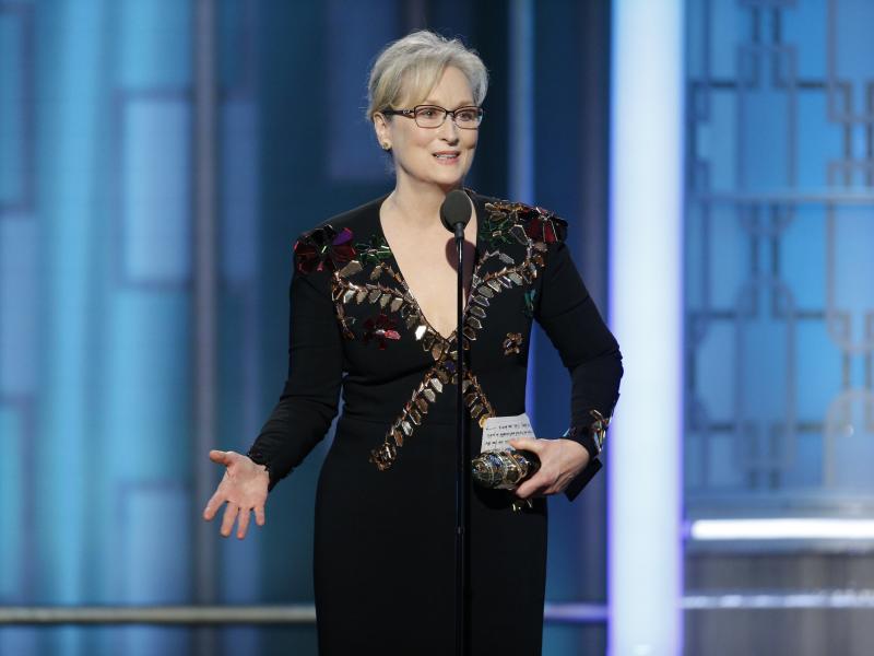 This image released by NBC shows Meryl Streep accepting the Cecil B. deMille Award at the 74th Annual Golden Globe Awards at the Beverly Hilton Hotel in Beverly Hills, Calif. This image released by NBC shows Meryl Streep accepting the Cecil B. deMille Award at the 74th Annual Golden Globe Awards at the Beverly Hilton Hotel in Beverly Hills, Calif.