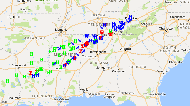 A map from the National Weather Service shows tornado reports (red T), wind reports (blue W) and hail reports (green H) for Tuesday. More than 20 tornadoes were reported as a powerful storm system moved through the Southeast. Zoom in on the map here. A map from the National Weather Service shows tornado reports (red T), wind reports (blue W) and hail reports (green H) for Tuesday. More than 20 tornadoes were reported as a powerful storm system moved through the Southeast. Zoom in on the map here.