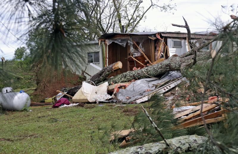 A pine tree lies across what remains of a trailer on Center Hill Road outside of Hamilton, Miss., after a deadly storm moved through the area on Sunday. A pine tree lies across what remains of a trailer on Center Hill Road outside of Hamilton, Miss., after a deadly storm moved through the area on Sunday.