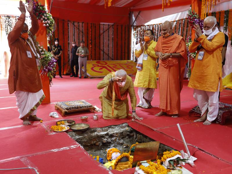 Indian Prime Minister Narendra Modi (center) performs the groundbreaking ceremony of a temple dedicated to the Hindu god Lord Ram in Ayodhya, India, on Wednesday. Indian Prime Minister Narendra Modi (center) performs the groundbreaking ceremony of a temple dedicated to the Hindu god Lord Ram in Ayodhya, India, on Wednesday.