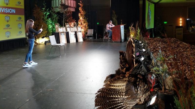 Brooke Simpson, age 10, makes a turkey call on stage at the Grand National Calling Championships in Nashville on Feb. 14. Brooke Simpson, age 10, makes a turkey call on stage at the Grand National Calling Championships in Nashville on Feb. 14.