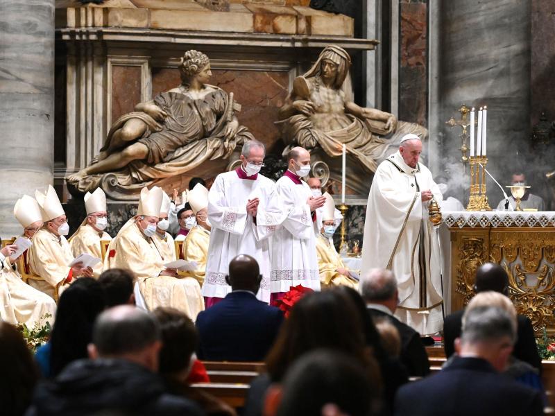 Pope Francis celebrates Christmas Eve Mass on Thursday at St. Peter's Basilica in the Vatican as Italy went back into lockdown measures due to the COVID-19 pandemic. Pope Francis celebrates Christmas Eve Mass on Thursday at St. Peter's Basilica in the Vatican as Italy went back into lockdown measures due to the COVID-19 pandemic.