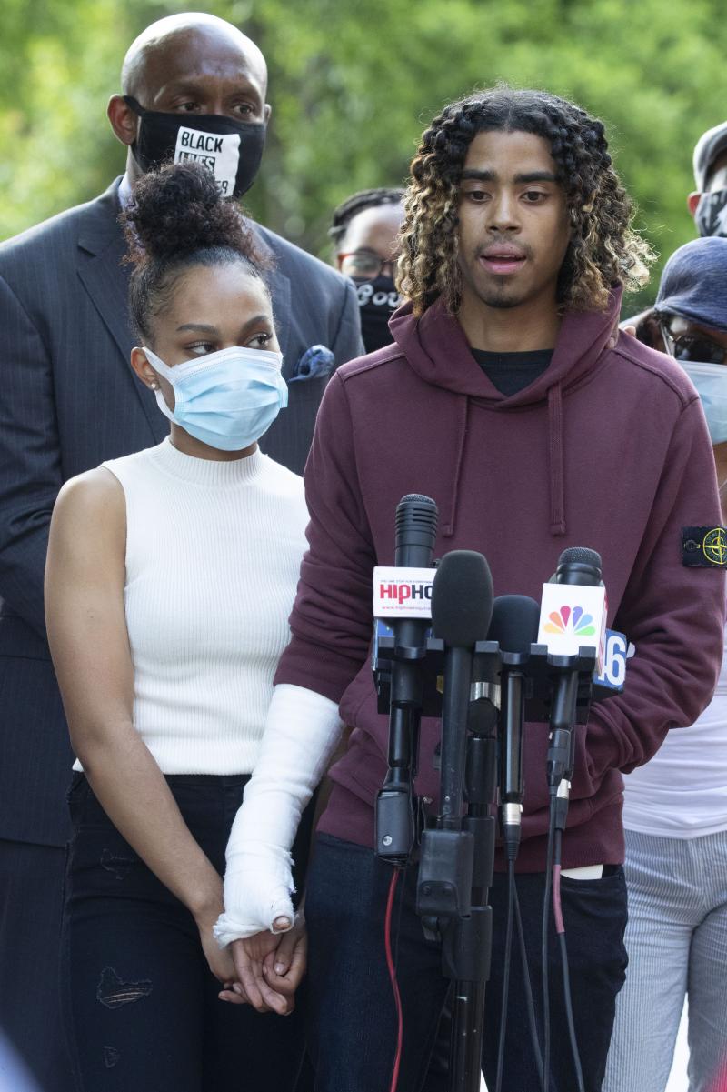 Taniyah Pilgrim and Messiah Young address the press at Morehouse College in Atlanta. Prosecutors filed charges against six officers involved in the couple's arrest. Taniyah Pilgrim and Messiah Young address the press at Morehouse College in Atlanta. Prosecutors filed charges against six officers involved in the couple's arrest.