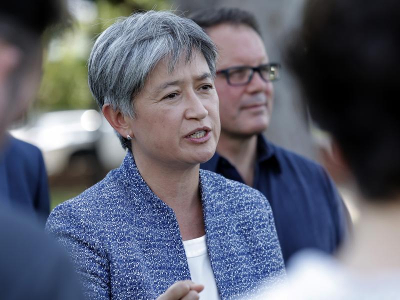 Australian shadow foreign affairs minister Penny Wong speaks to media in Darwin, Australia, Tuesday, April 26, 2022. Australia's opposition party promises to establish a Pacific defense school to train neighboring armies in response to China's potential m Australian shadow foreign affairs minister Penny Wong speaks to media in Darwin, Australia, Tuesday, April 26, 2022. Australia's opposition party promises to establish a Pacific defense school to train neighboring armies in response to China's potential m