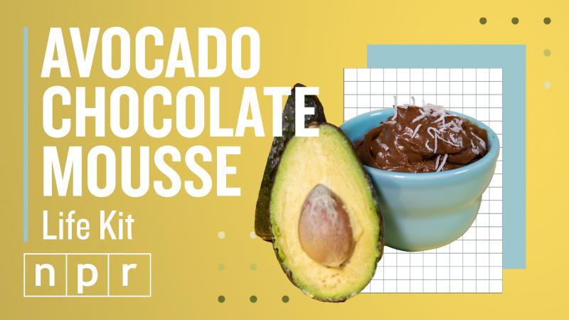 A photograph of half an avocado propped onto a small blue bowl full of chocolate mousse is cut out and laid over graph paper and light blue square. To the left white, bold text reads "Avocado Chocolate Mousse." Everything is on a yellow background. A photograph of half an avocado propped onto a small blue bowl full of chocolate mousse is cut out and laid over graph paper and light blue square. To the left white, bold text reads "Avocado Chocolate Mousse." Everything is on a yellow background.