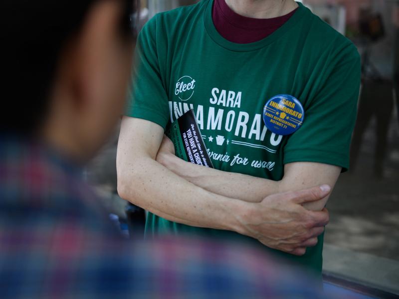 A campaign worker wears a shirt in support of Sara Innamorato outside a polling location at the Oakmont United Methodist Church in Pittsburgh. The first-time candidate declared victory over a five-term incumbent in the Democratic primary for House Distric A campaign worker wears a shirt in support of Sara Innamorato outside a polling location at the Oakmont United Methodist Church in Pittsburgh. The first-time candidate declared victory over a five-term incumbent in the Democratic primary for House Distric