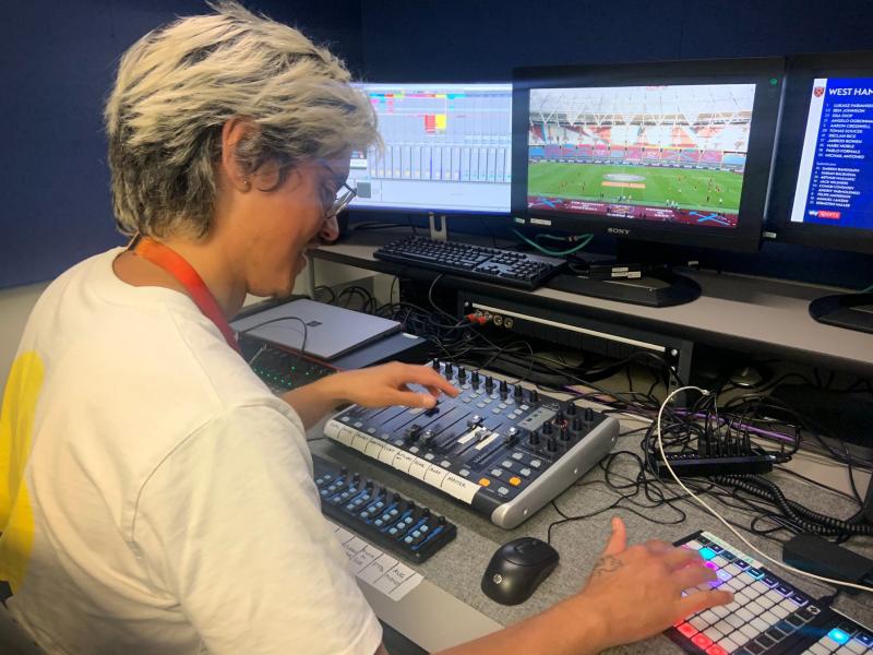 Adam Peri, sound supervisor with the broadcaster Sky UK, mixes recorded fan sounds into a Premier League soccer match. Adam Peri, sound supervisor with the broadcaster Sky UK, mixes recorded fan sounds into a Premier League soccer match.