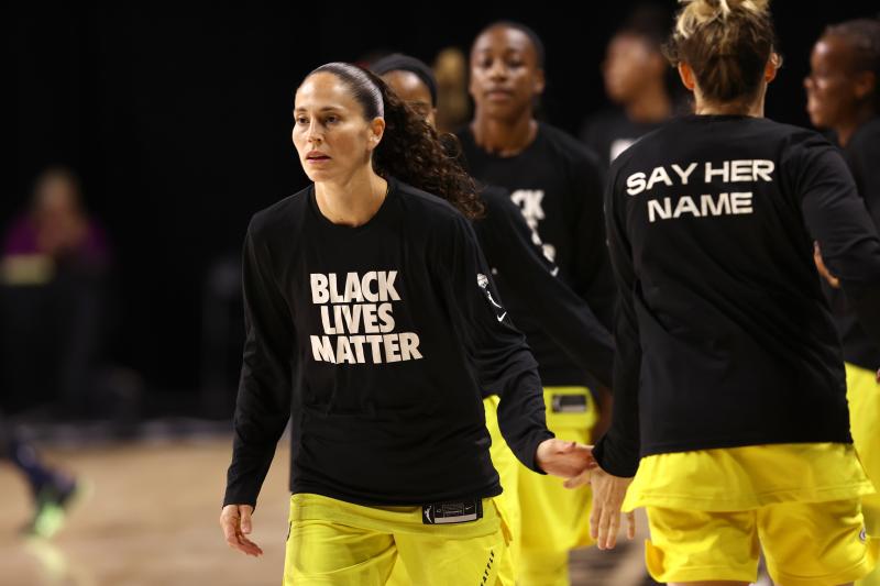 Sue Bird of the Seattle Storm, wears "Black Lives Matter" warm-up shirts before a game in July. Sue Bird of the Seattle Storm, wears "Black Lives Matter" warm-up shirts before a game in July.