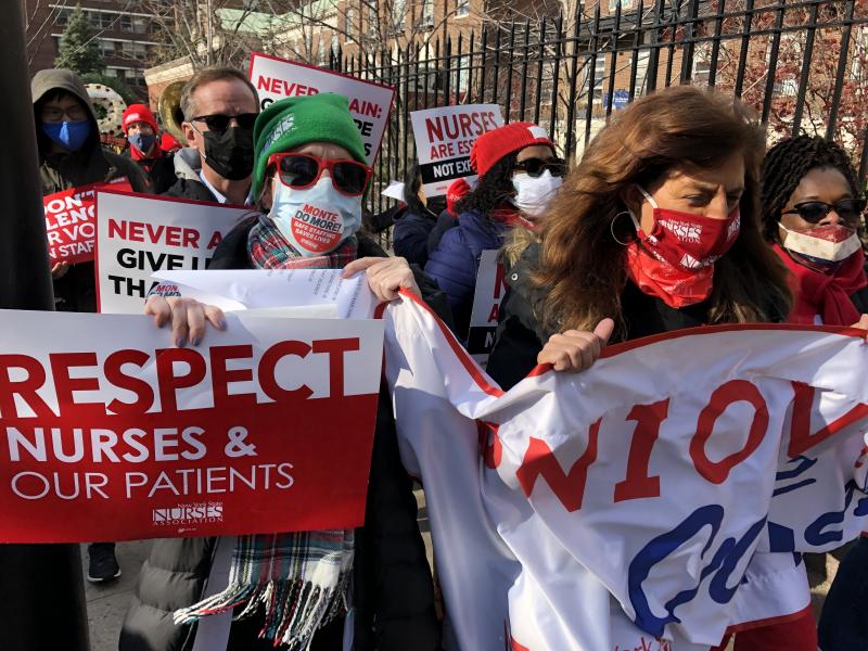 Nurses at Montefiore Medical Center in New York City protest what they say is a staff shortage at several of the network's hospitals in the Bronx and nearby suburbs. During the Nov. 19 demonstration they walked from the hospital to a nearby cemetery. Nurses at Montefiore Medical Center in New York City protest what they say is a staff shortage at several of the network's hospitals in the Bronx and nearby suburbs. During the Nov. 19 demonstration they walked from the hospital to a nearby cemetery.