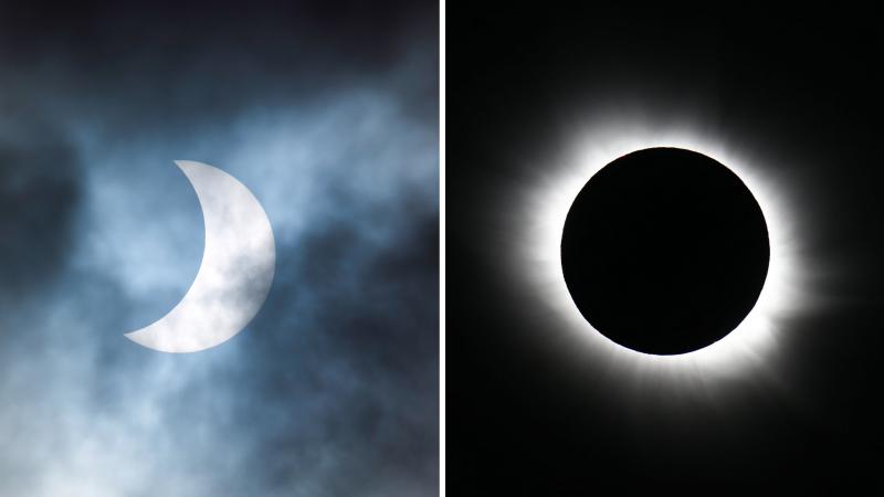 Left: A partial solar eclipse, as viewed from the Cotswolds, United Kingdom, March 2015. Right: A total solar eclipse, as viewed from Longyearbyen, Norway, March 2015. Left: A partial solar eclipse, as viewed from the Cotswolds, United Kingdom, March 2015. Right: A total solar eclipse, as viewed from Longyearbyen, Norway, March 2015.