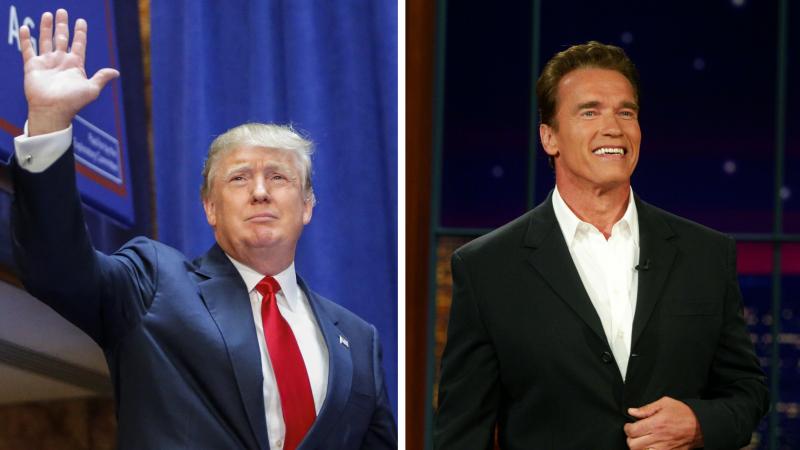 Donald Trump (left) arrives to announce his bid to run for president on June 16. Arnold Schwarzenegger (right) appeared on the Tonight Show with Jay Leno and announced he was running for governor of California on Aug. 6, 2003. Donald Trump (left) arrives to announce his bid to run for president on June 16. Arnold Schwarzenegger (right) appeared on the Tonight Show with Jay Leno and announced he was running for governor of California on Aug. 6, 2003.