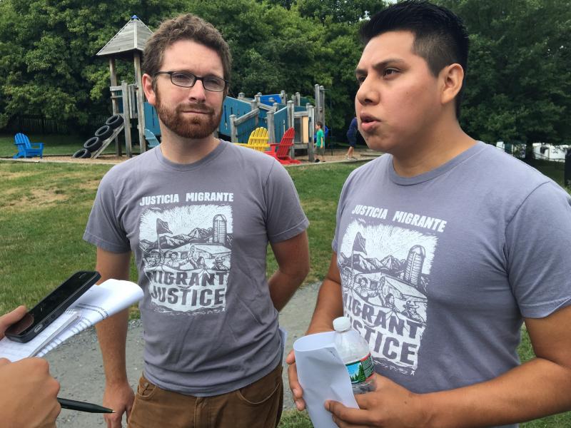 Will Lambek, left, interprets for Enrique Balcazar, a Migrant Justice activist who helped negotiate the fair labor and living standards agreement with Ben & Jerry's. Will Lambek, left, interprets for Enrique Balcazar, a Migrant Justice activist who helped negotiate the fair labor and living standards agreement with Ben & Jerry's.