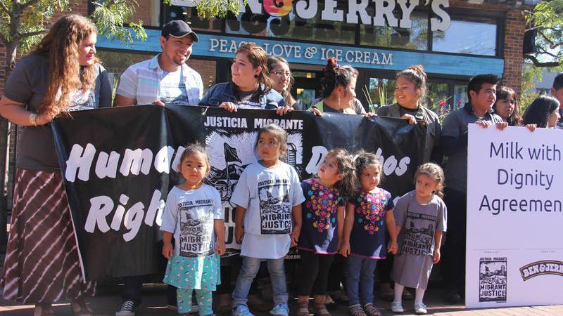 Migrant Justice activists gather to celebrate the signing of an agreement with Ben & Jerry's that took two years to negotiate. Migrant Justice activists gather to celebrate the signing of an agreement with Ben & Jerry's that took two years to negotiate.