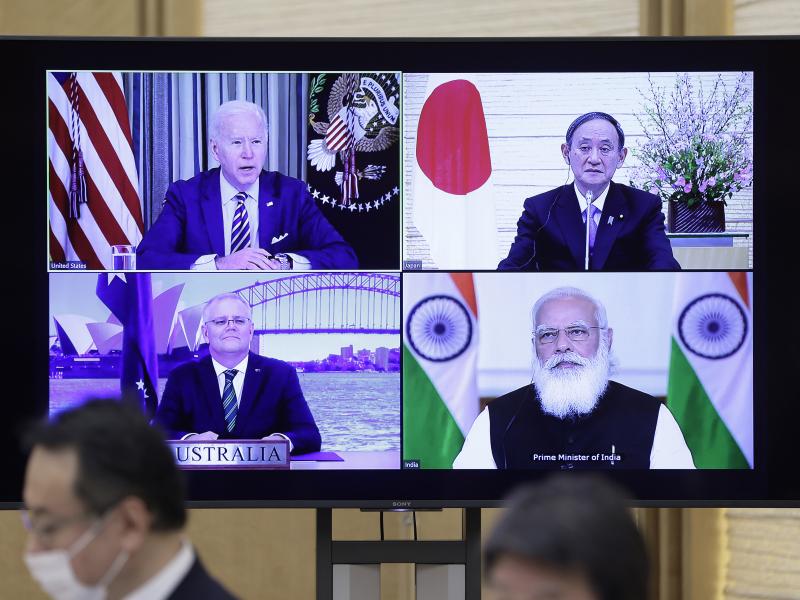 President Biden (clockwise from top left), Japanese Prime Minister Yoshihide Suga, Indian Prime Minister Narendra Modi and Australian Prime Minister Scott Morrison participate in the virtual Quadrilateral Security Dialogue or Quad meeting on Friday. President Biden (clockwise from top left), Japanese Prime Minister Yoshihide Suga, Indian Prime Minister Narendra Modi and Australian Prime Minister Scott Morrison participate in the virtual Quadrilateral Security Dialogue or Quad meeting on Friday.