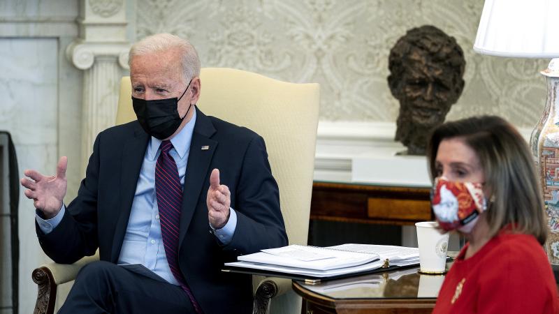 President Biden meets with House Democratic leaders, including Speaker Nancy Pelosi to discuss coronavirus relief legislation in the Oval Office at the White House on Friday. President Biden meets with House Democratic leaders, including Speaker Nancy Pelosi to discuss coronavirus relief legislation in the Oval Office at the White House on Friday.