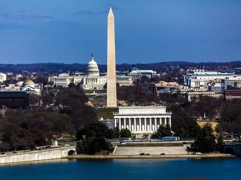 An aerial view of Washington, D.C., shows the Lincoln Memorial and Washington Monument as well as the U.S. Capitol. An aerial view of Washington, D.C., shows the Lincoln Memorial and Washington Monument as well as the U.S. Capitol.