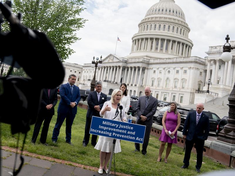 Sen. Kirsten Gillibrand (D-NY) (C) speaks during a news conference outside the U.S. Capitol on April 29, 2021 in Washington, DC. A bipartisan group of Senators gathered in support of the Military Justice Improvement and Increasing Prevention Act, which wo Sen. Kirsten Gillibrand (D-NY) (C) speaks during a news conference outside the U.S. Capitol on April 29, 2021 in Washington, DC. A bipartisan group of Senators gathered in support of the Military Justice Improvement and Increasing Prevention Act, which wo