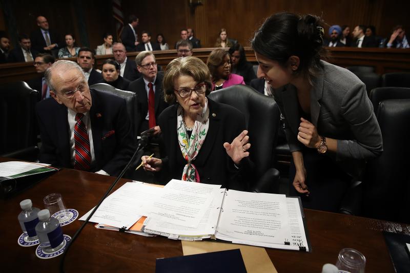 Senate Judiciary Committee Chairman Chuck Grassley confers with ranking member Dianne Feinstein at a committee hearing on April 19. The committee has approved legislation to protect special counsel Robert Mueller's investigation. Senate Judiciary Committee Chairman Chuck Grassley confers with ranking member Dianne Feinstein at a committee hearing on April 19. The committee has approved legislation to protect special counsel Robert Mueller's investigation.
