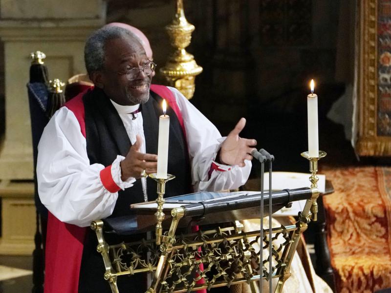 Bishop Michael Bruce Curry delivering the sermon during the wedding ceremony of Britain's Prince Harry, Duke of Sussex and US actress Meghan Markle in St George's Chapel, Windsor Castle. Bishop Michael Bruce Curry delivering the sermon during the wedding ceremony of Britain's Prince Harry, Duke of Sussex and US actress Meghan Markle in St George's Chapel, Windsor Castle.