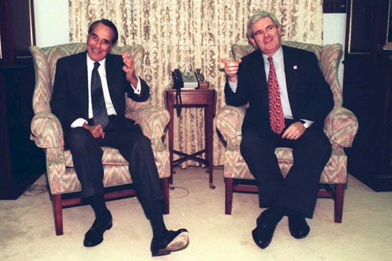 Newt Gingrich, the incoming speaker of the House, meets with Dole, then Senate majority leader, on Capitol Hill on Jan. 3, 1995. The 104th Congress had a Republican majority in both chambers for the first time since 1954. Newt Gingrich, the incoming speaker of the House, meets with Dole, then Senate majority leader, on Capitol Hill on Jan. 3, 1995. The 104th Congress had a Republican majority in both chambers for the first time since 1954.