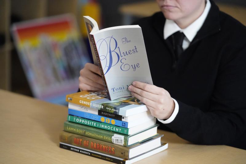 Amanda Darrow, director of youth, family and education programs at the Utah Pride Center, poses with books, including The Bluest Eye, by Toni Morrison and Lawn Boy by Jonathan Evison, that have been the subject of complaints from parents in Salt Lake City Amanda Darrow, director of youth, family and education programs at the Utah Pride Center, poses with books, including The Bluest Eye, by Toni Morrison and Lawn Boy by Jonathan Evison, that have been the subject of complaints from parents in Salt Lake City