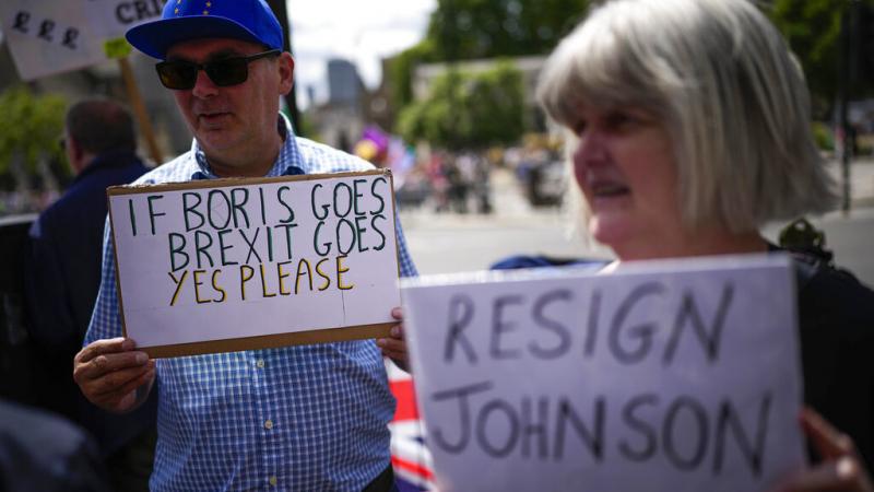 People holds signs as they protest Wednesday outside the Houses of Parliament in London. People holds signs as they protest Wednesday outside the Houses of Parliament in London.