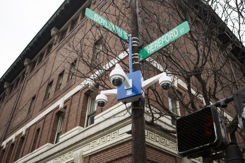 High-definition video cameras with 30x magnification keep watch over the Boston Marathon finish line, where two bombs detonated in 2013, killing three people and injuring hundreds. High-definition video cameras with 30x magnification keep watch over the Boston Marathon finish line, where two bombs detonated in 2013, killing three people and injuring hundreds.